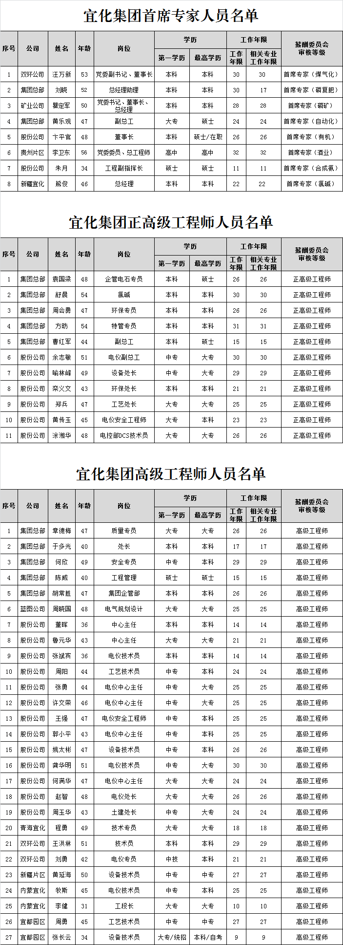 宜化集團(tuán)首席專家、正高級工程師、高級工程師評審結(jié)果公示